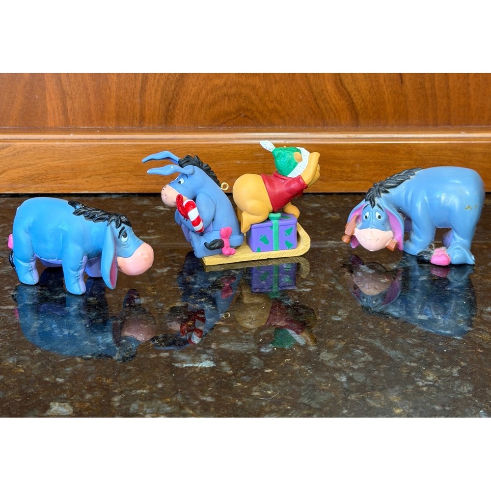 Disney Winnie the Pooh Eeyore Christmas Figurine Lot Sled Candy Cane 3pc